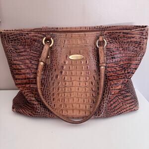 Brahmin Medium Asher Tote Bag Brown Croc Embossed Leather Zip Top